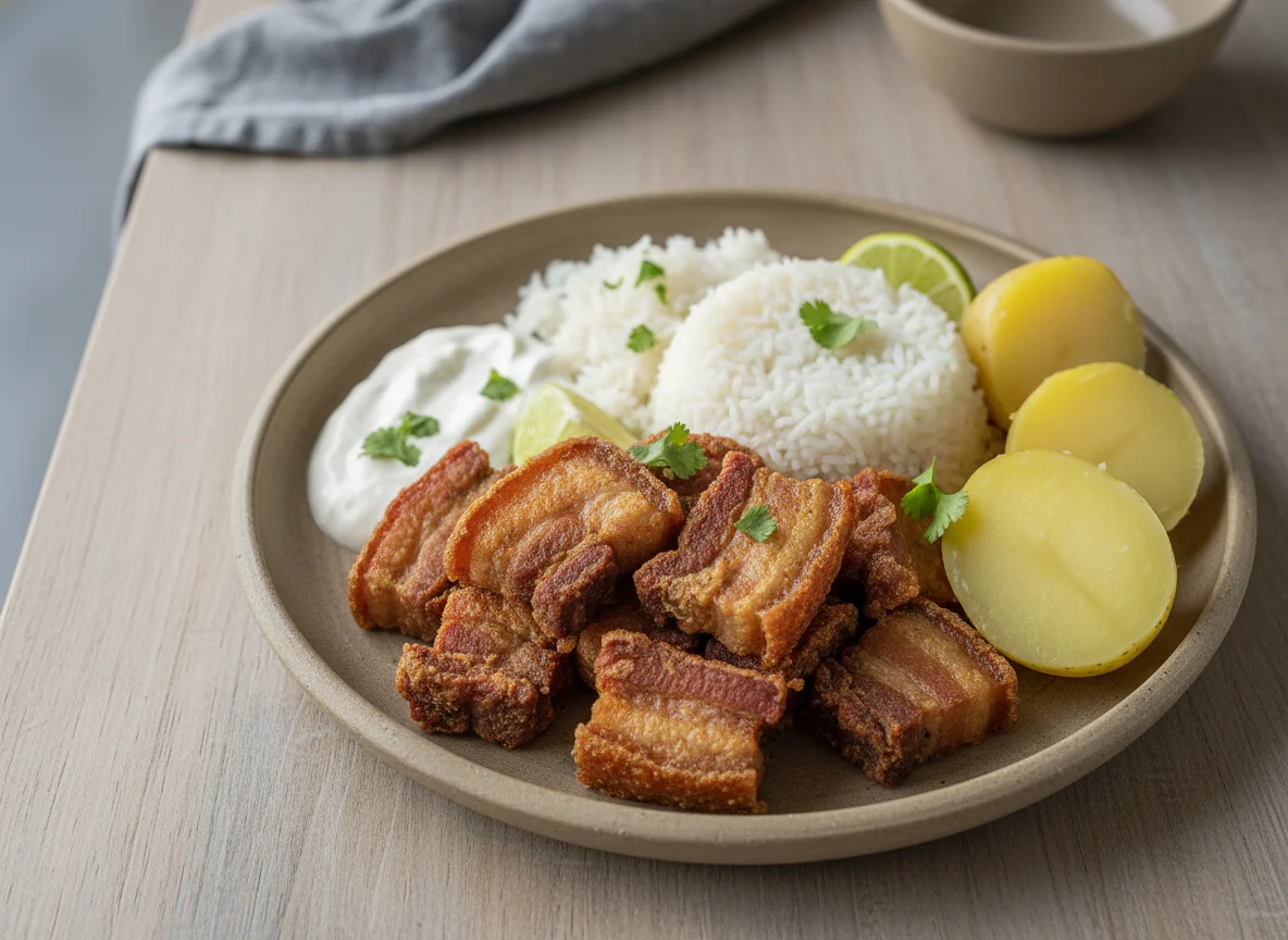 Bandeja de chicharrón con arroz y papa photo