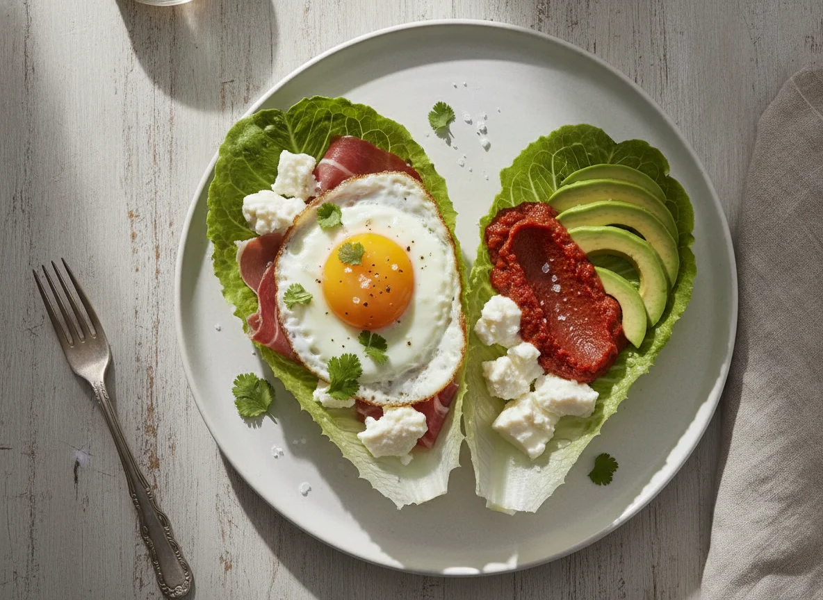 Barca de lechuga con huevo, jamón y tomate frito photo