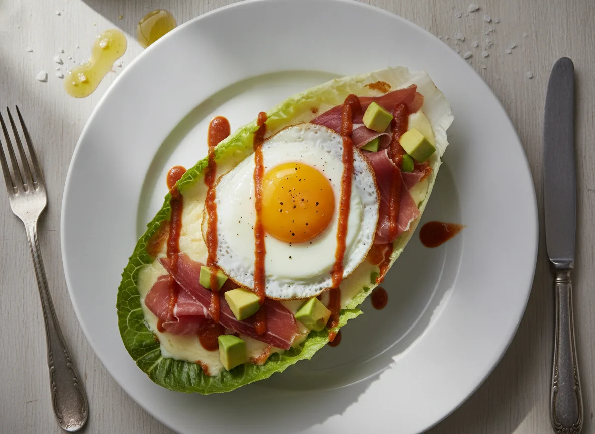 Barca de lechuga con huevo, queso y jamón photo