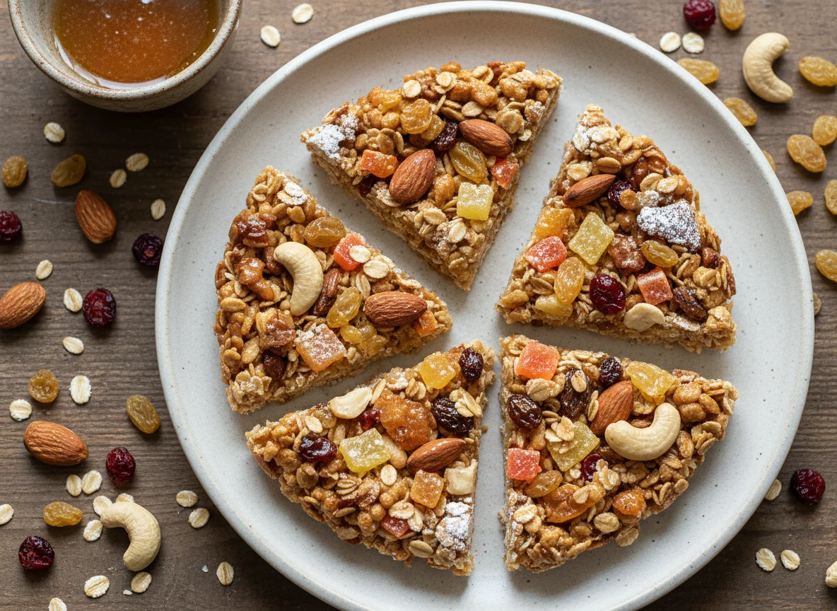 Barra de cereales con frutos secos y frutas deshidratadas photo