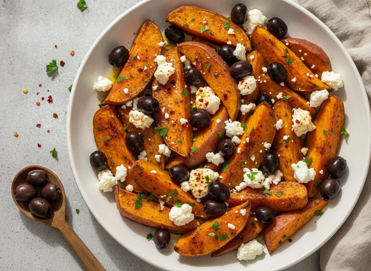 Batata asada con aceitunas y queso feta photo