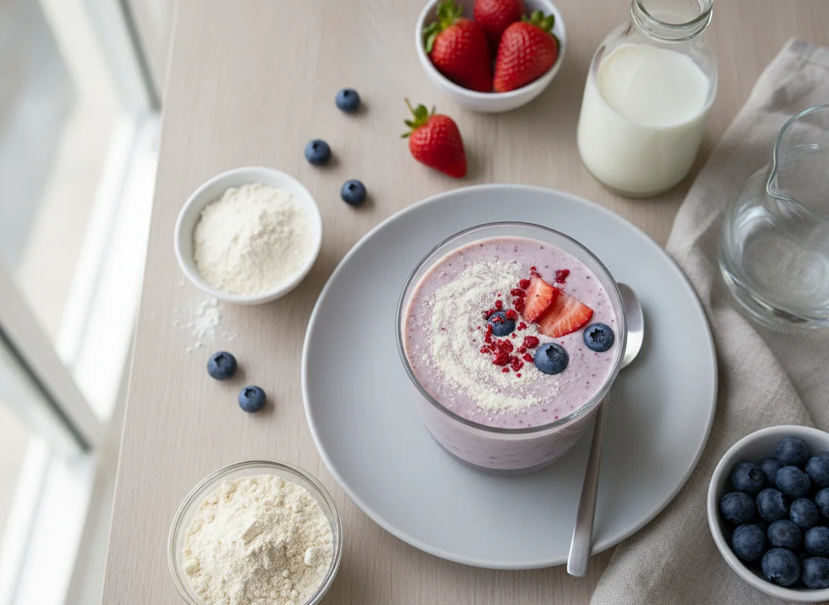 Batido de avena, proteína y frutos rojos photo