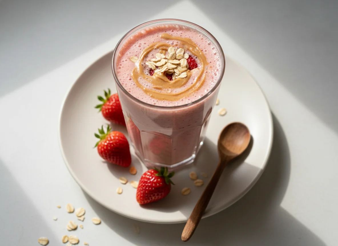 Batido de fresa, avena y mantequilla de maní photo