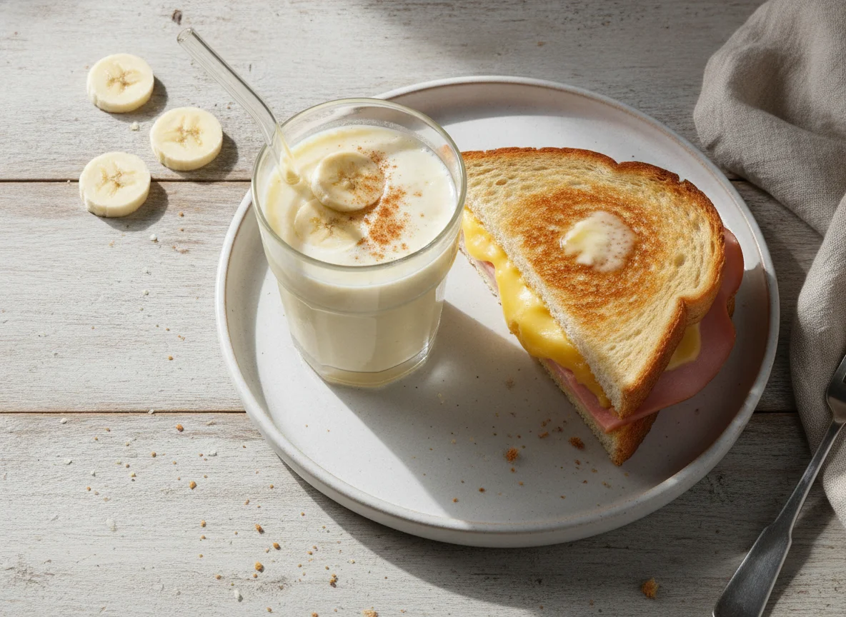 Batido de plátano y sándwich mixto a la plancha photo
