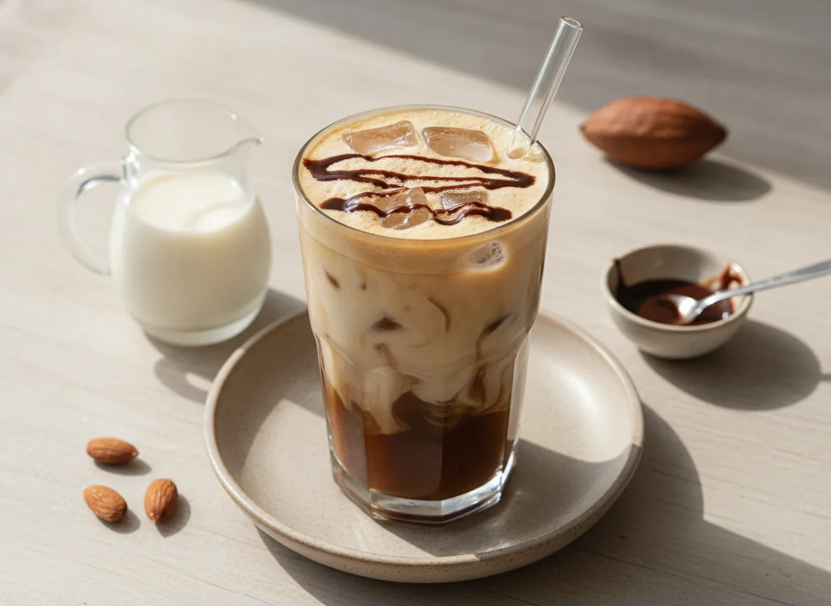 Bebida de café helado con leche de almendras photo