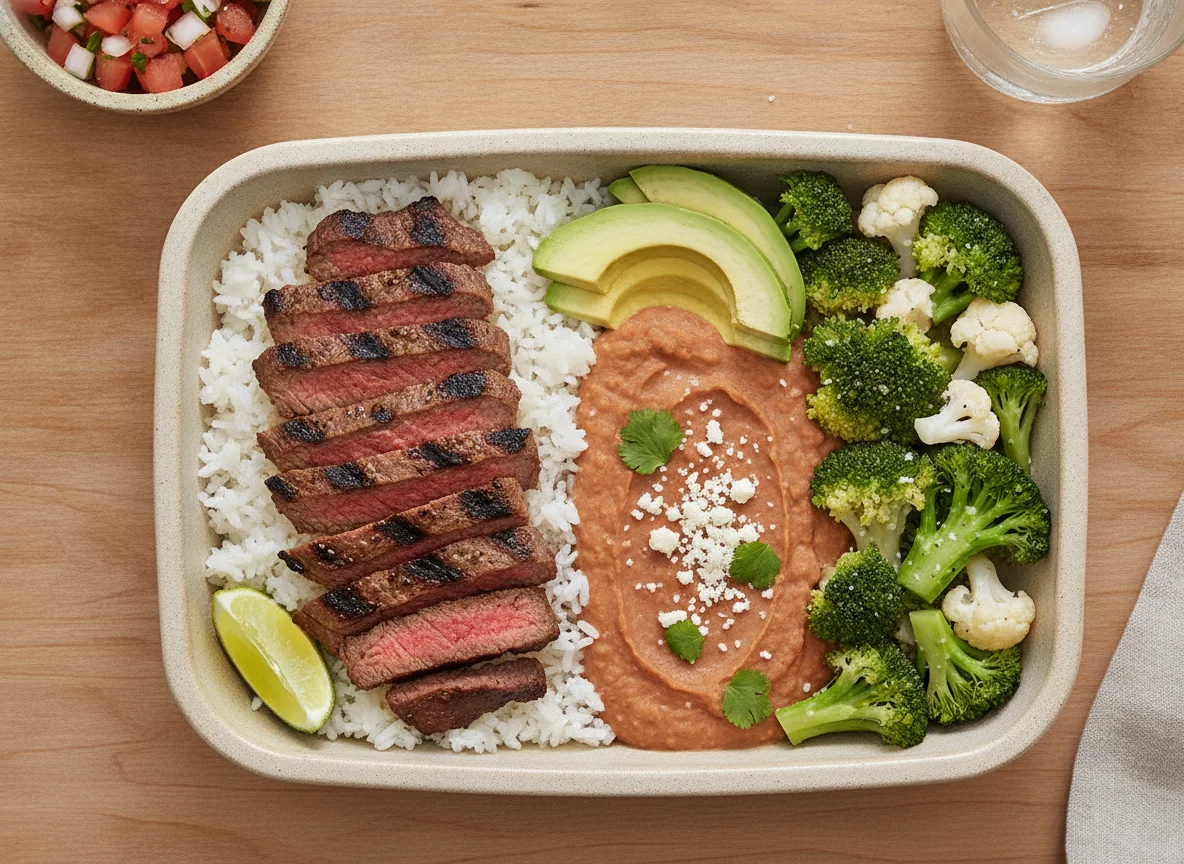 Bento de carne asada con arroz y vegetales photo