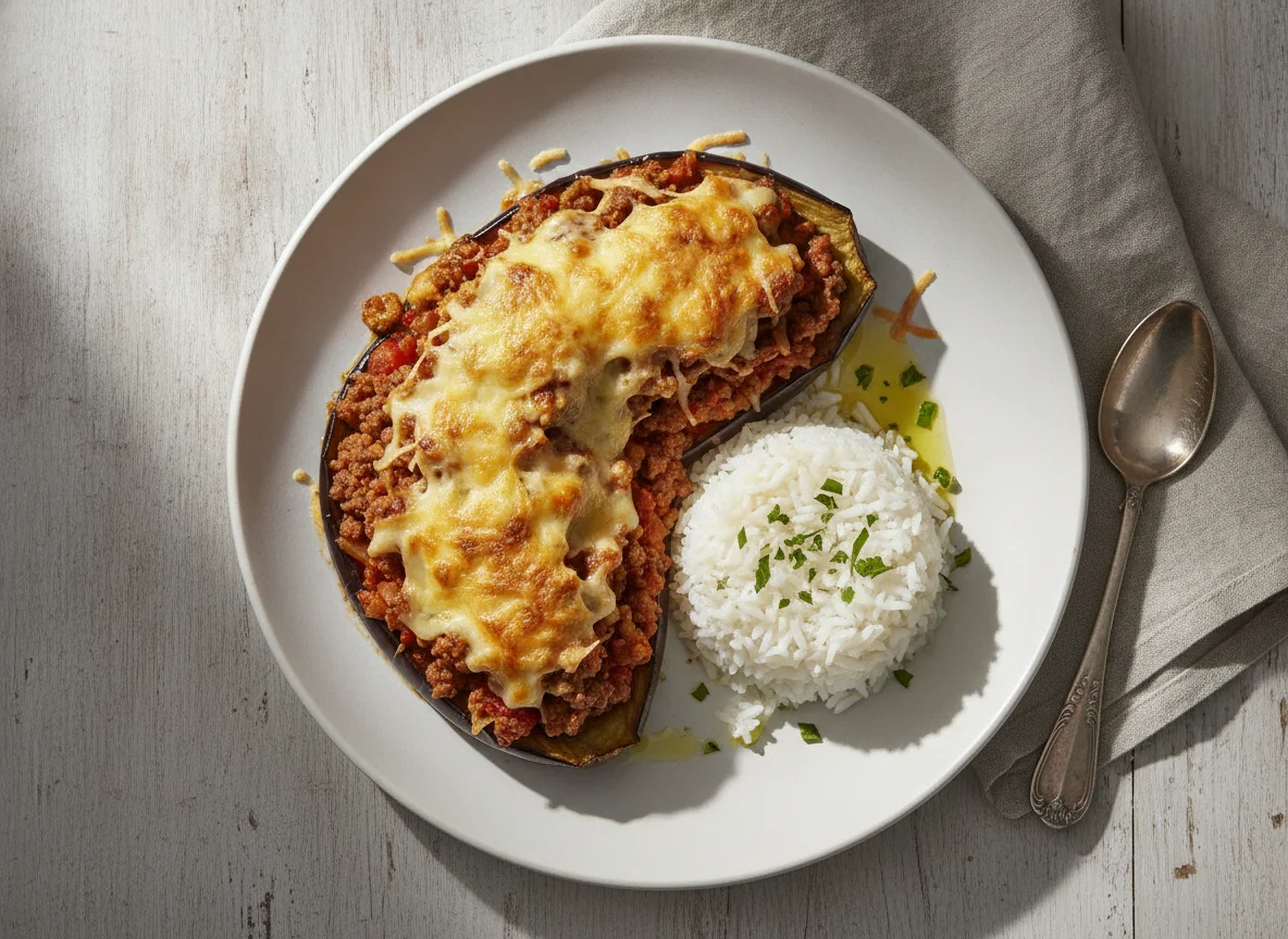 Berenjena rellena con arroz blanco photo