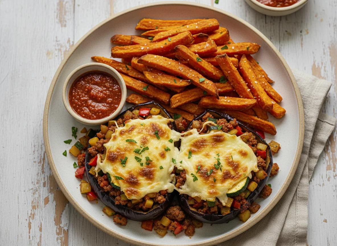 Berenjena rellena con patatas fritas de boniato photo