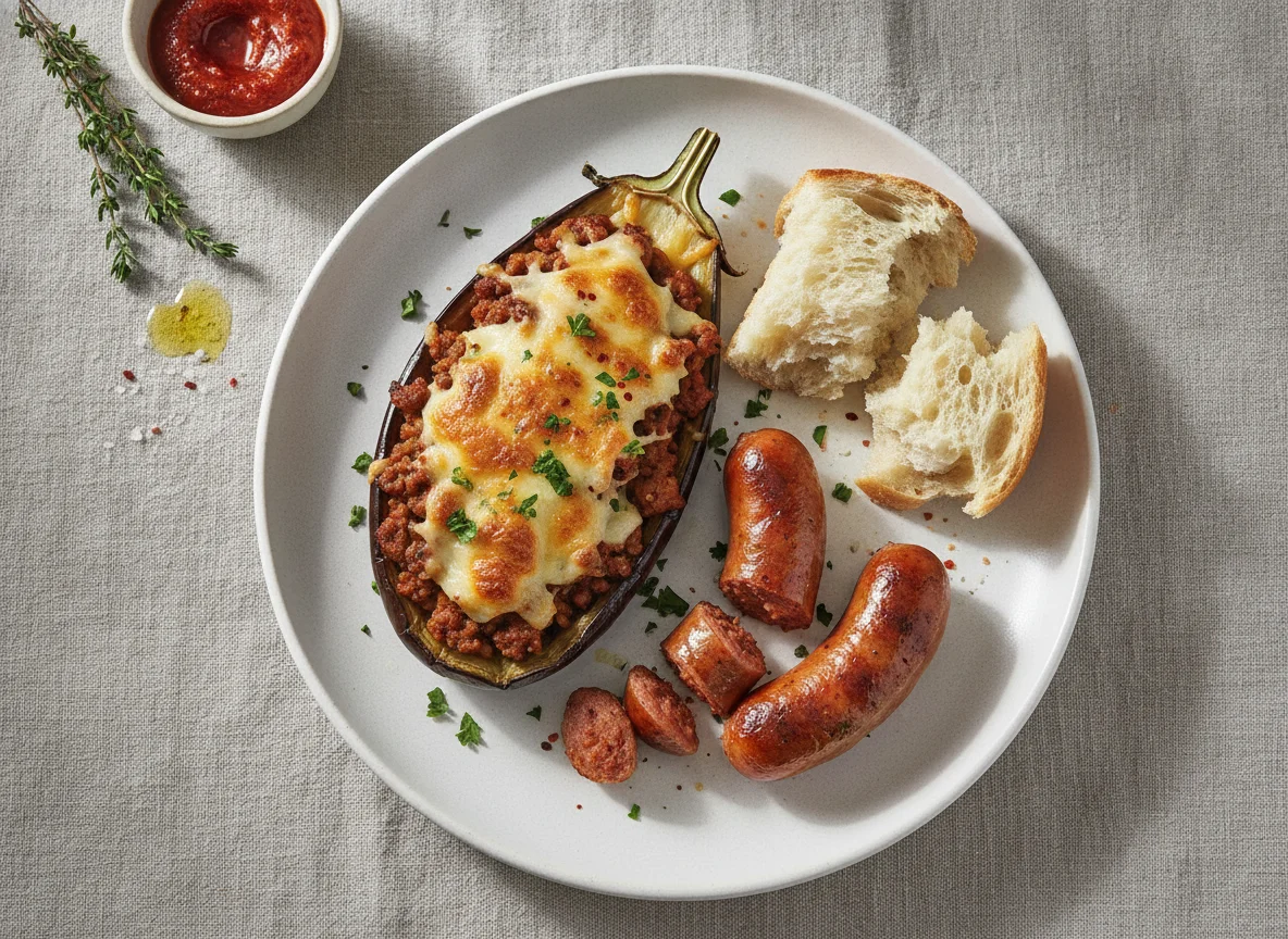 Berenjena rellena con salchichas y pan photo