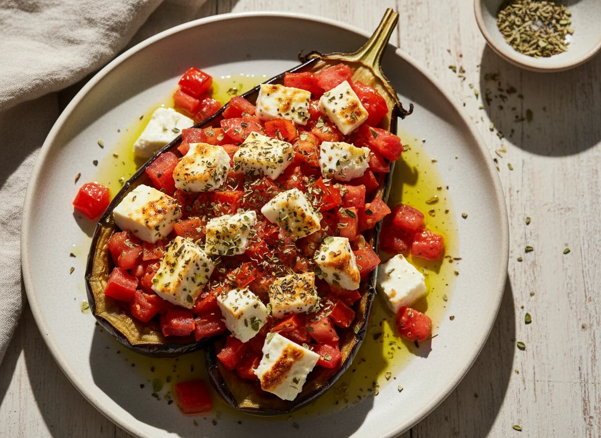 Berenjena rellena con tomate y queso photo