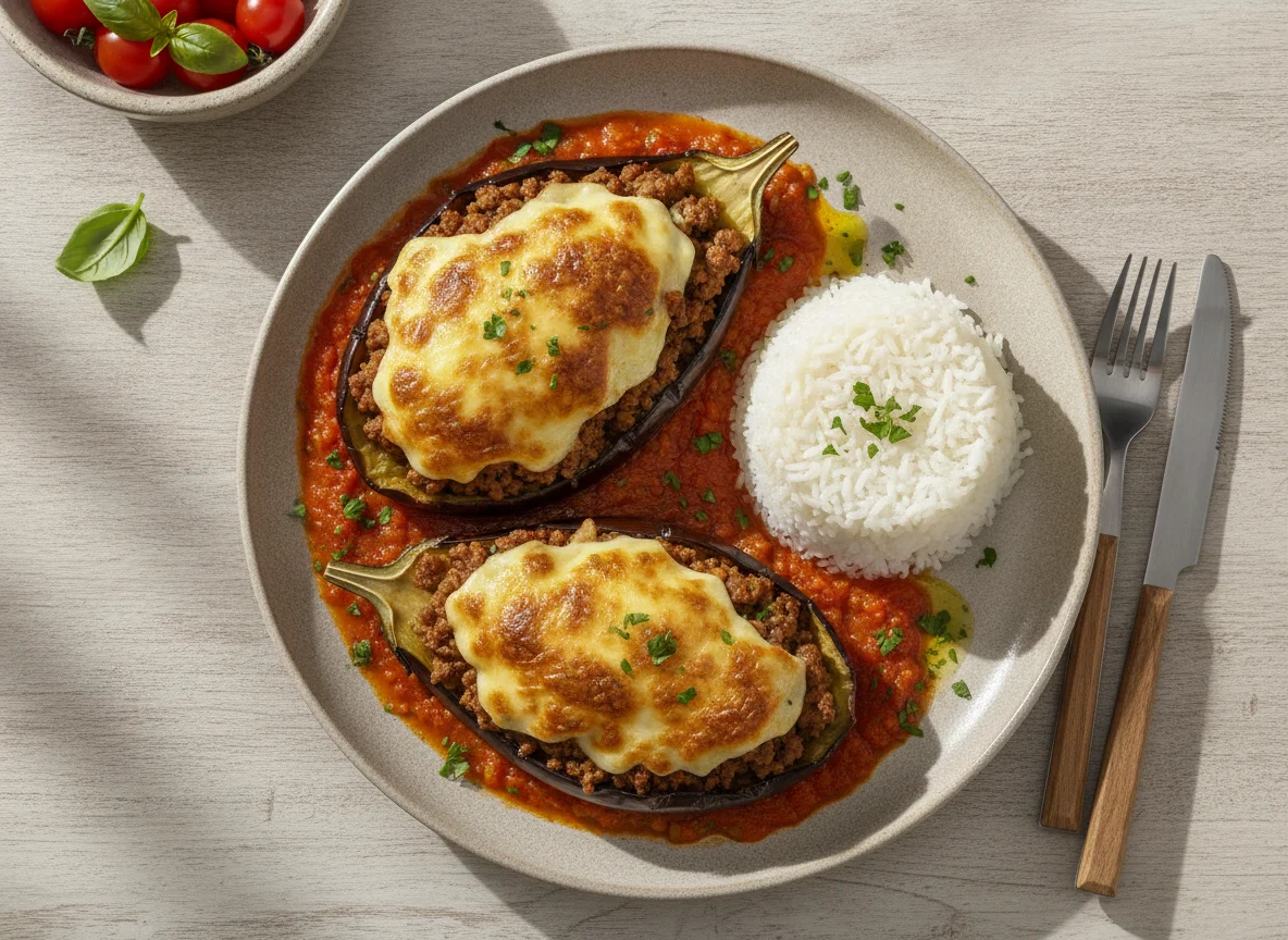 Berenjena rellena de carne con arroz blanco photo