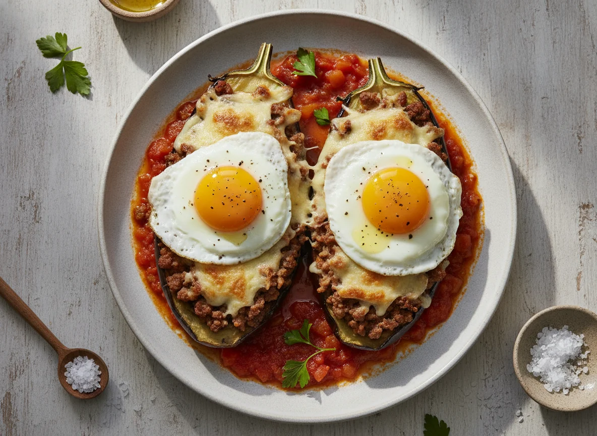 Berenjena rellena de carne con huevos fritos photo