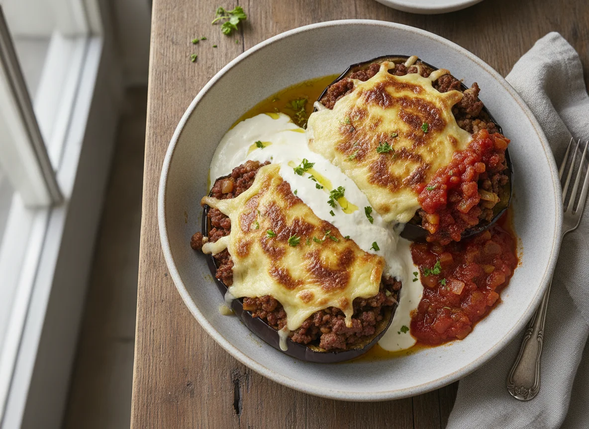 Berenjena rellena de carne con queso photo