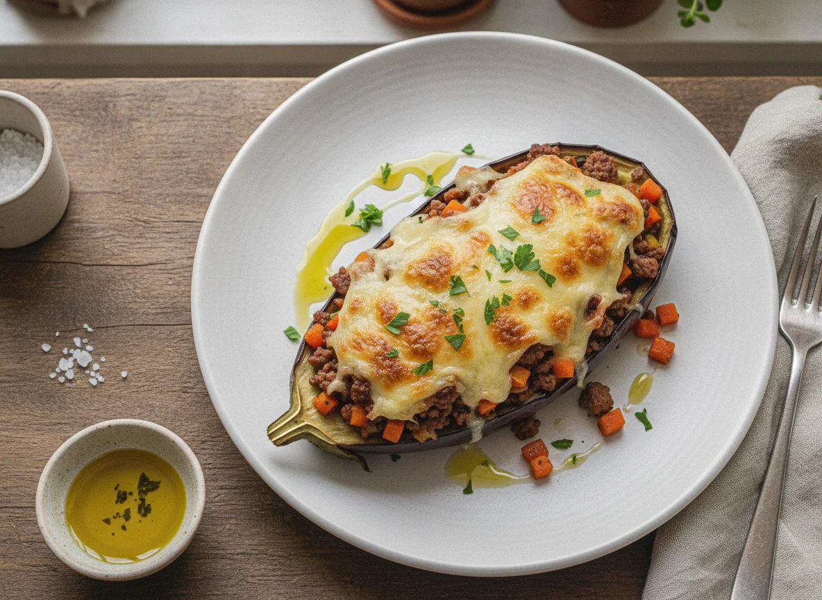Berenjena rellena de carne y queso photo