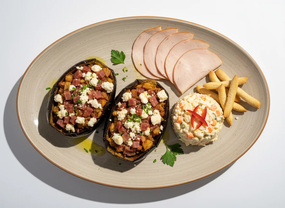 Berenjena rellena, fiambre de pavo y ensaladilla rusa con picos photo