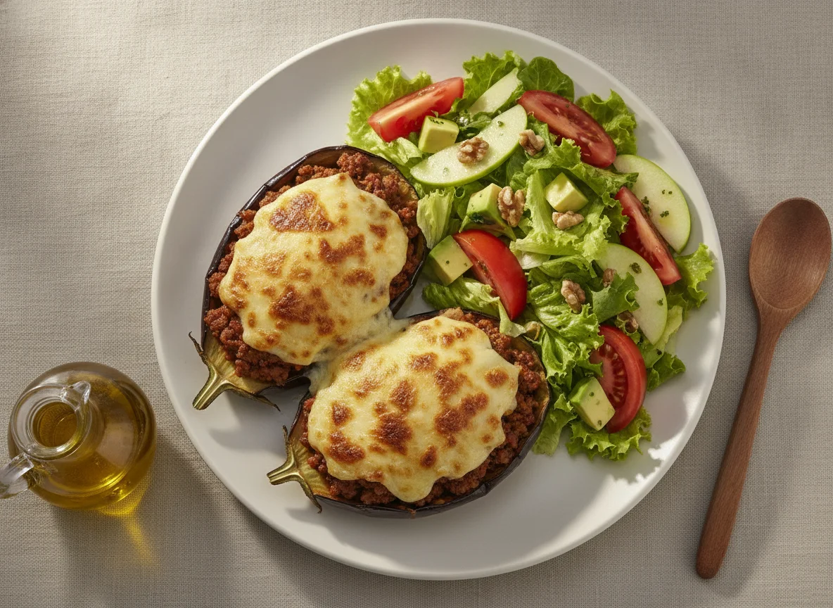 Berenjena rellena y ensalada mixta photo