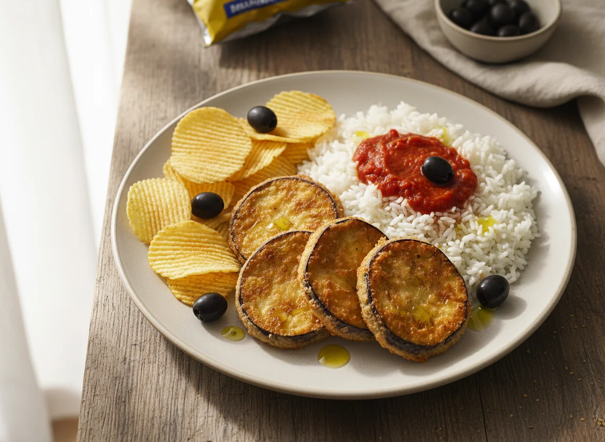 Berenjenas rebozadas con arroz y patatas fritas photo