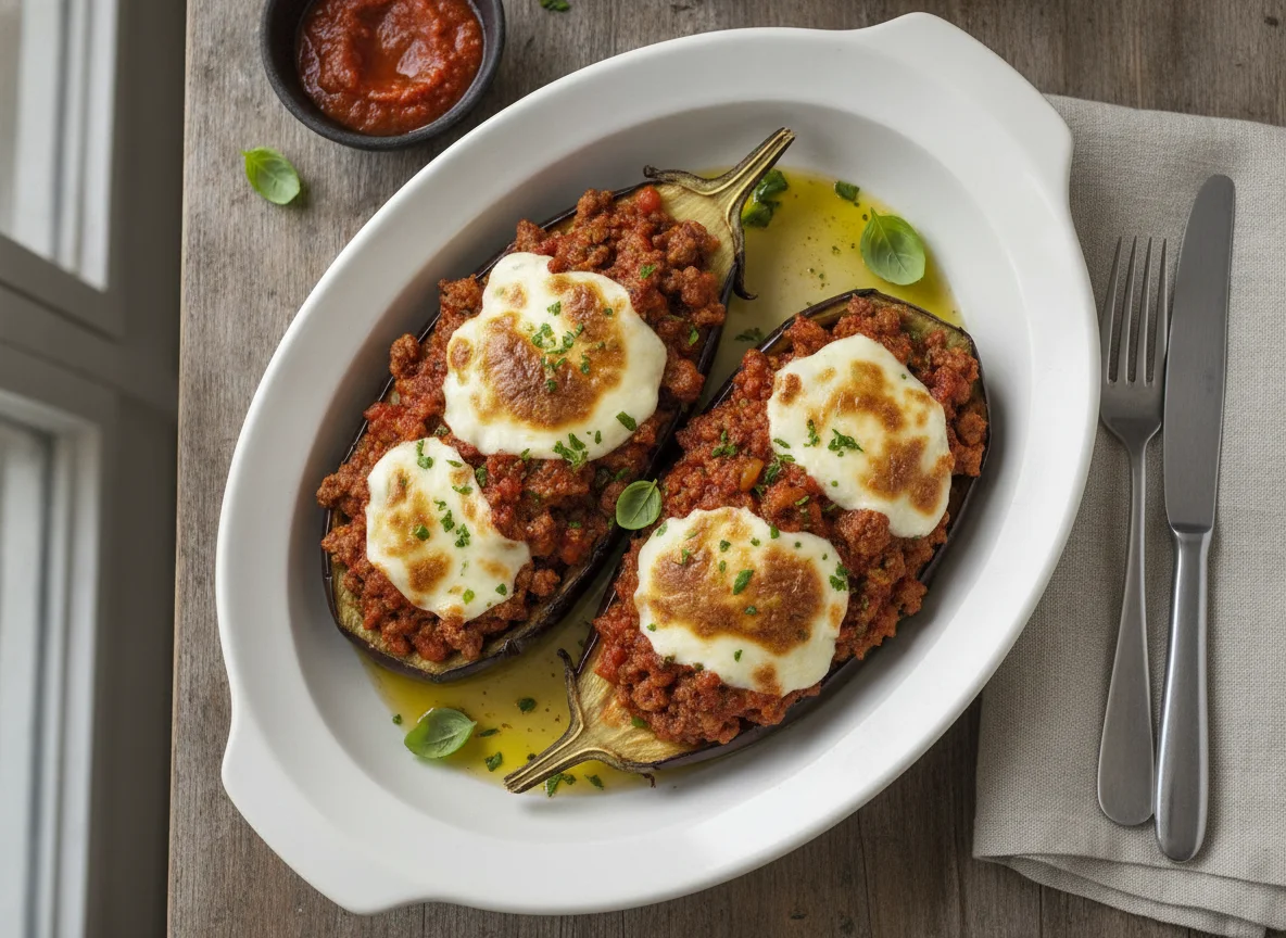 Berenjenas rellenas con carne y queso mozzarella photo