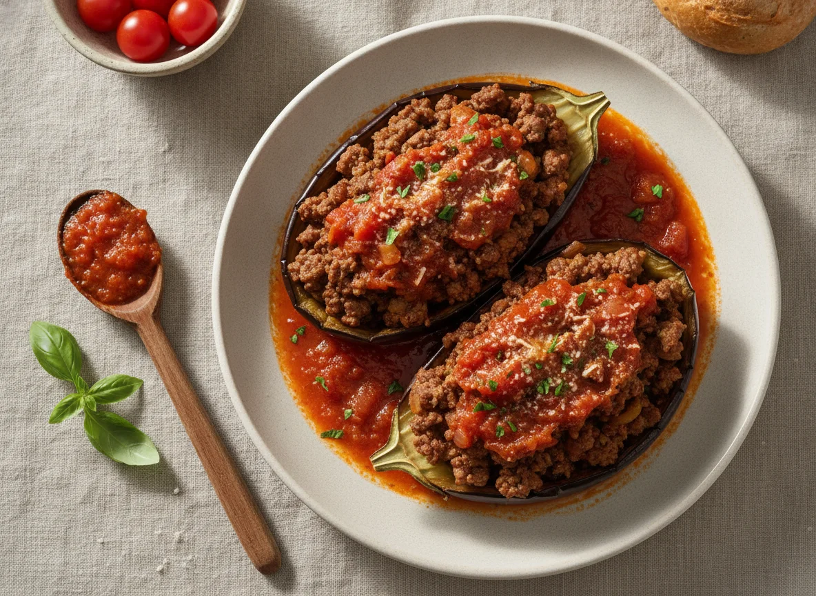 Berenjenas rellenas con carne y salsa de tomate photo