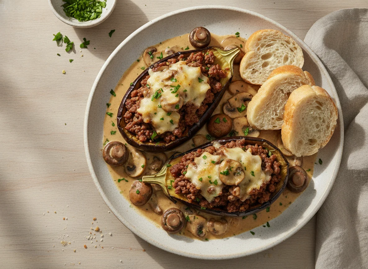 Berenjenas rellenas con champiñones en salsa y pan photo