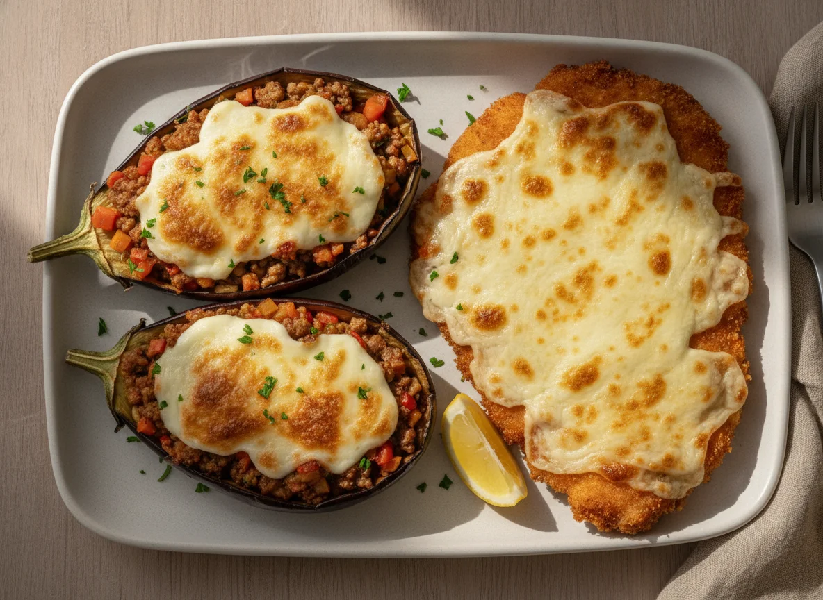 Berenjenas rellenas gratinadas y milanesa de pollo con queso photo