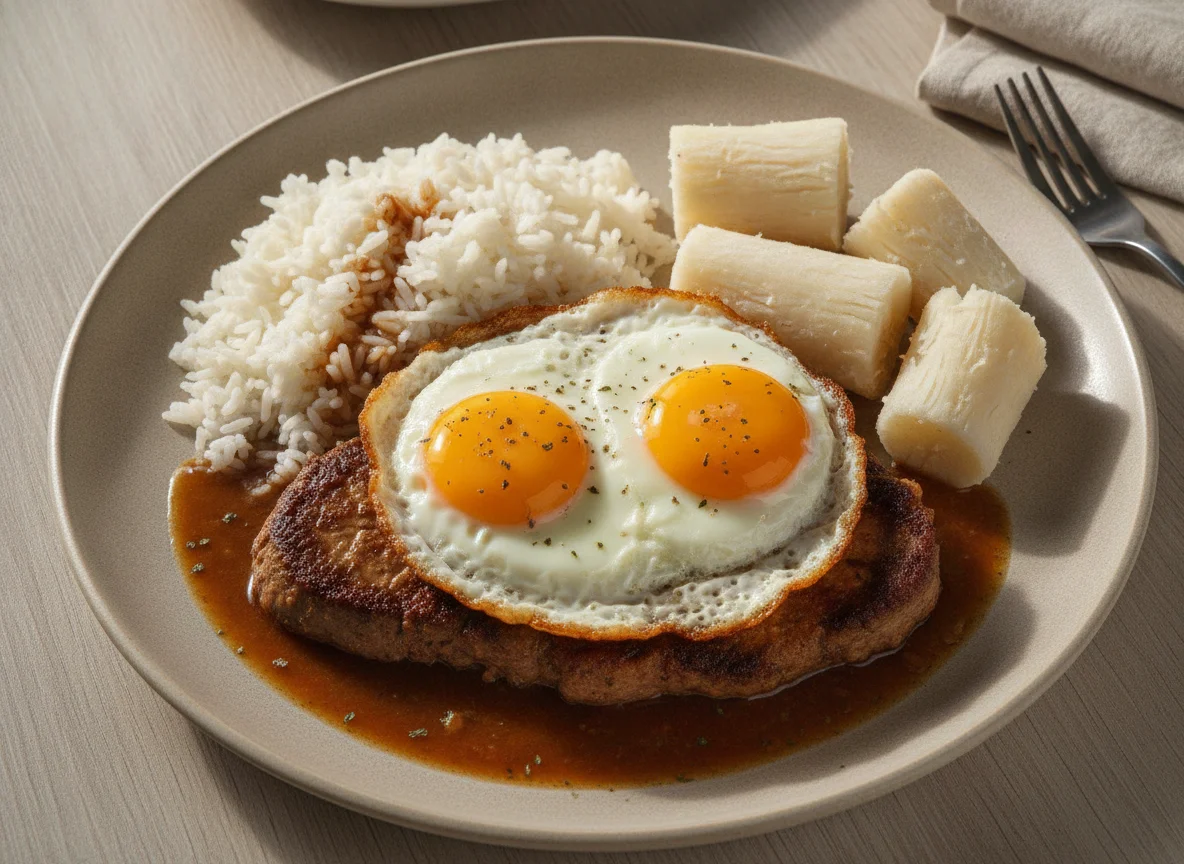 Bife a caballo con arroz y mandioca photo