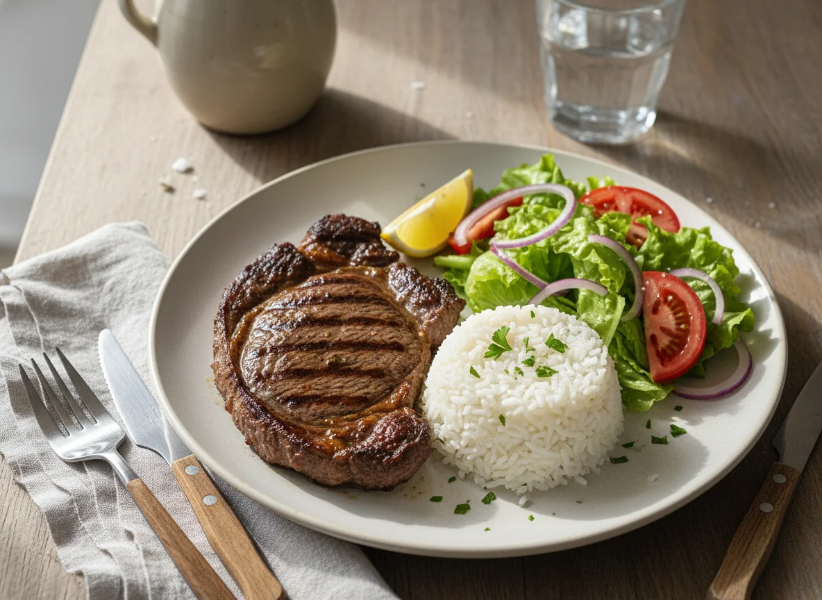 Bife con arroz y ensalada photo