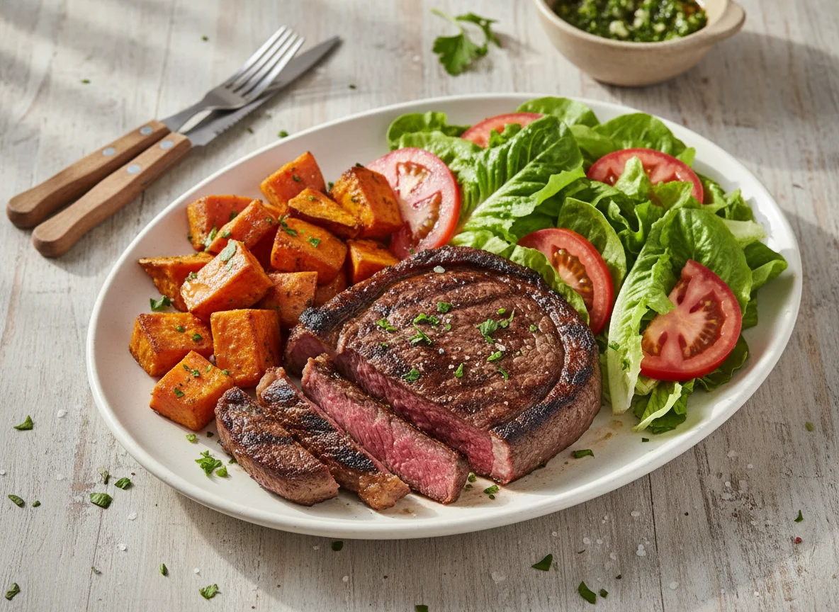 Bife con batatas y ensalada photo