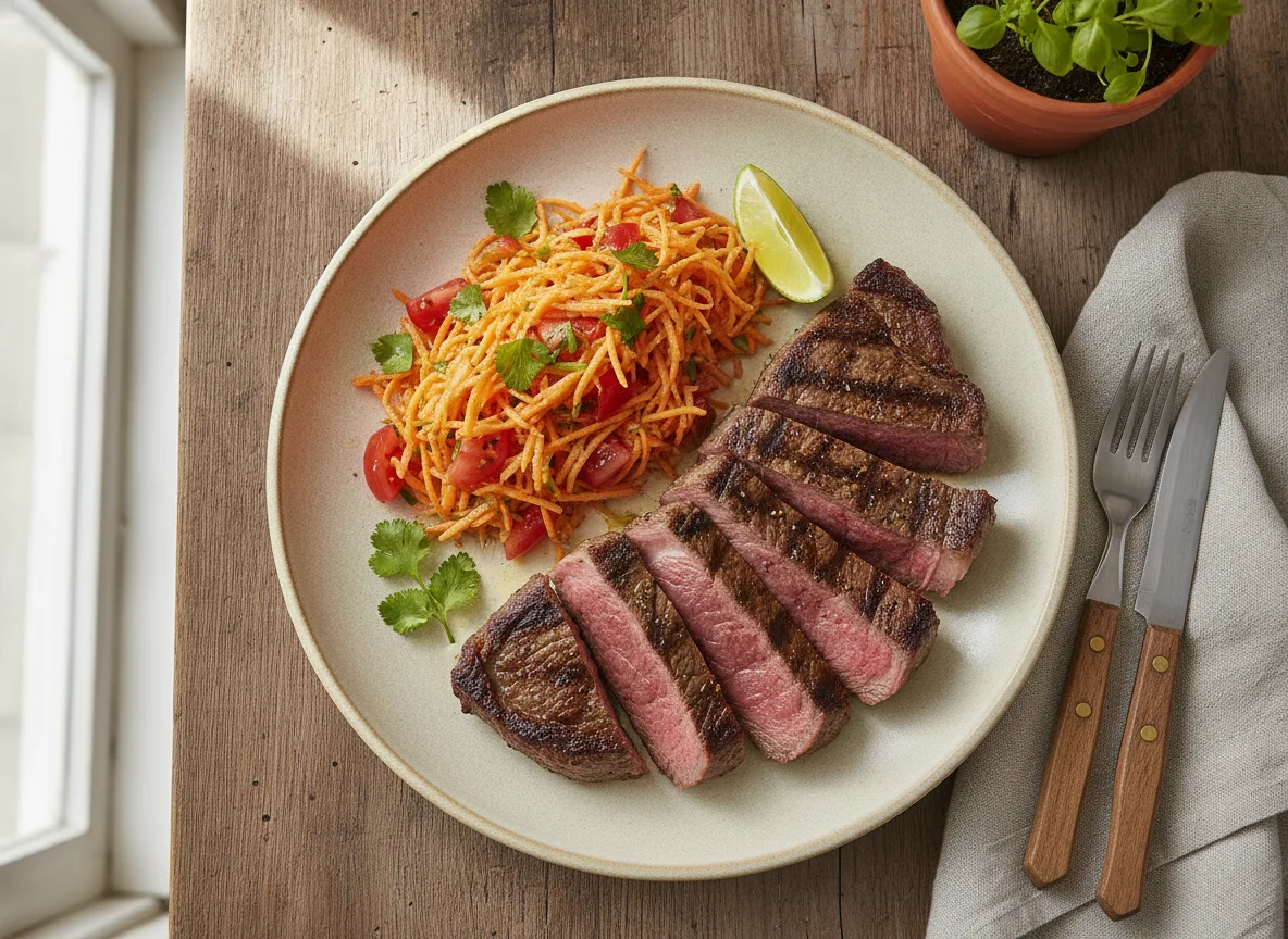 Bife con ensalada de zanahoria y tomate photo