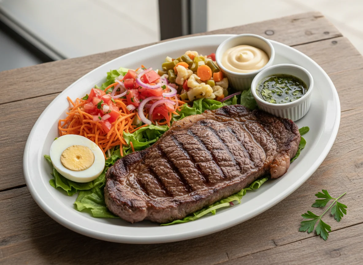Bife con ensalada y aderezos photo