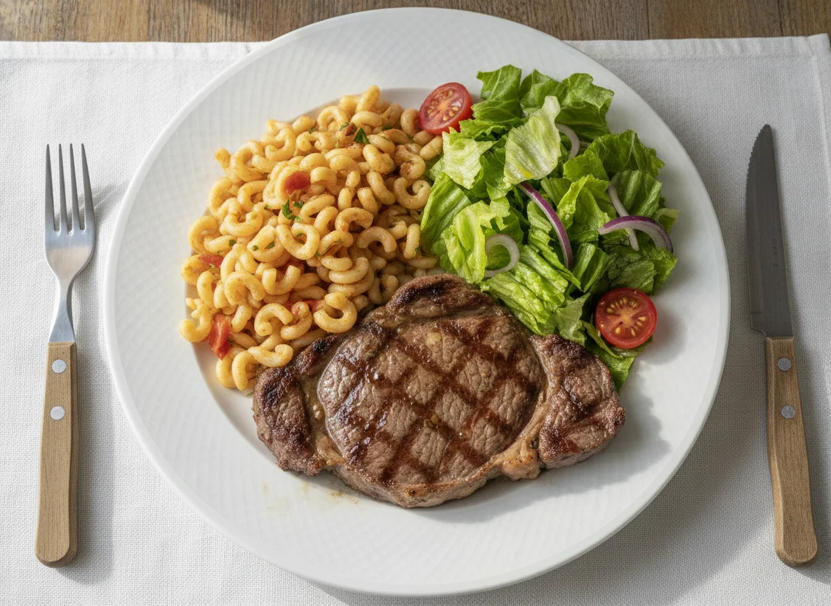 Bife con fideos y ensalada photo