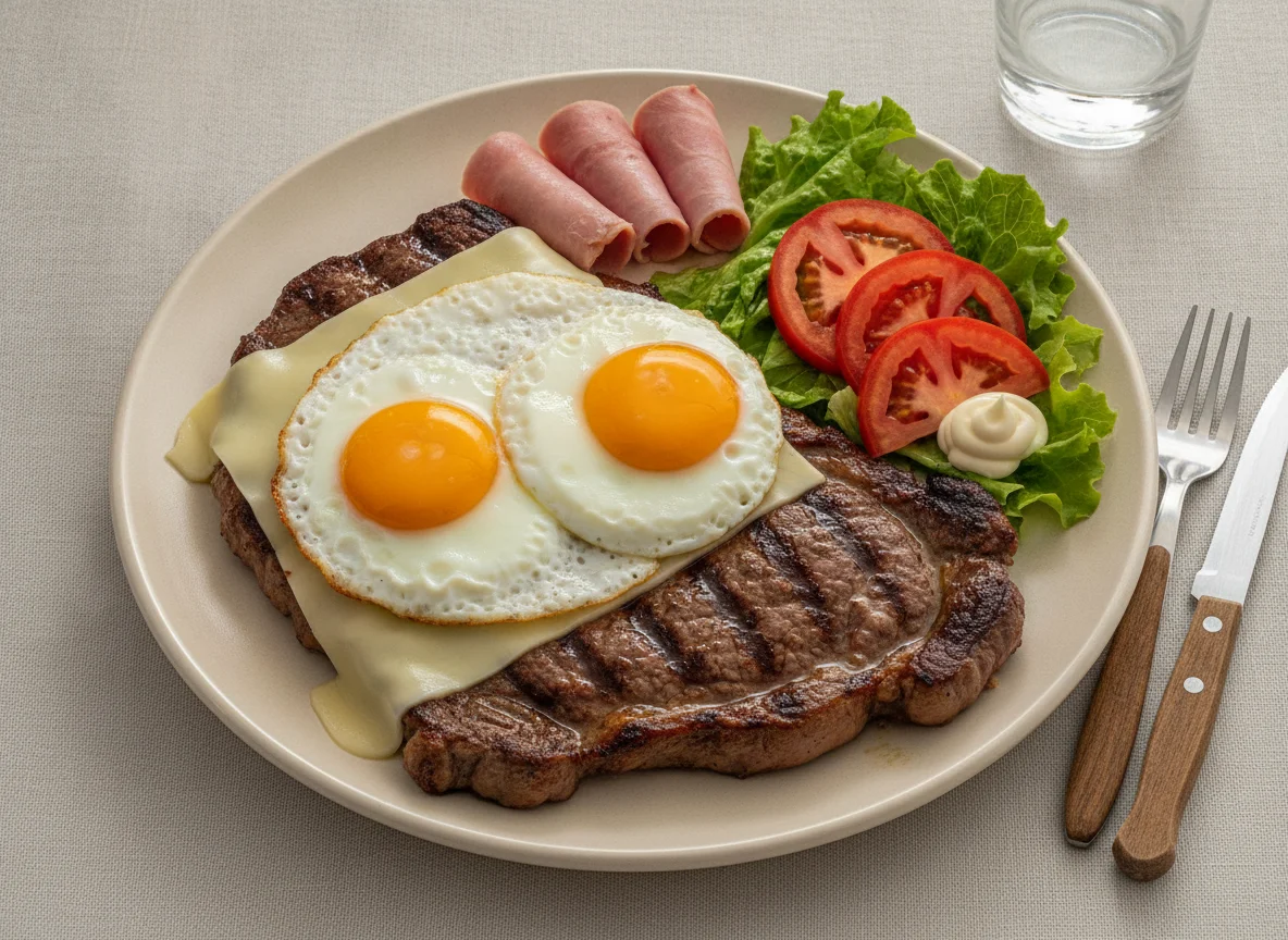 Bife con huevo, jamón, queso y ensalada photo