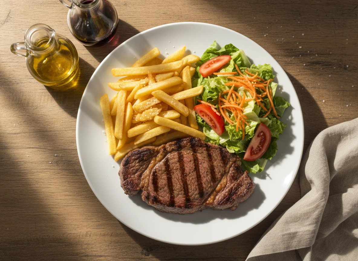 Bife con papas fritas y ensalada photo