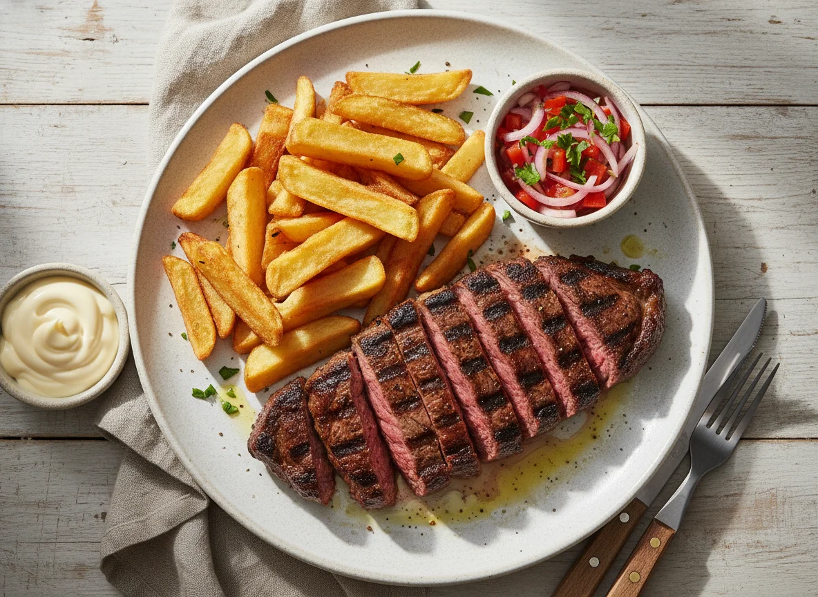 Bife con papas fritas y salsa criolla photo
