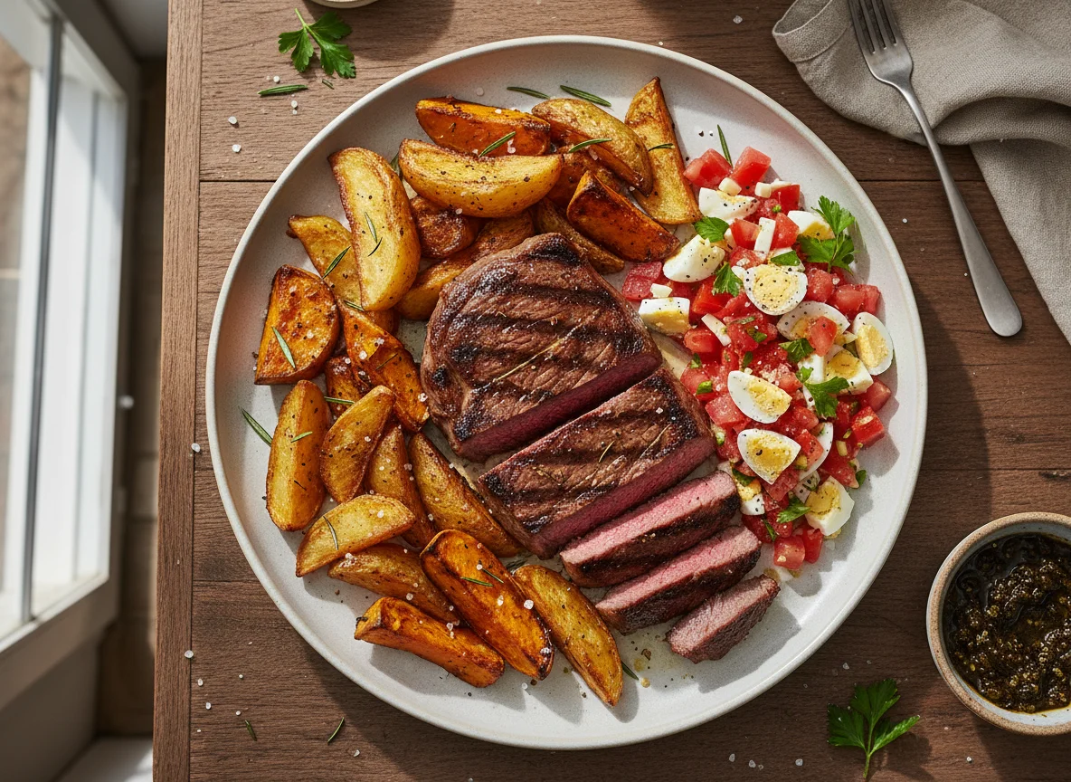 Bife con papas y batatas asadas y ensalada de tomate y huevo photo