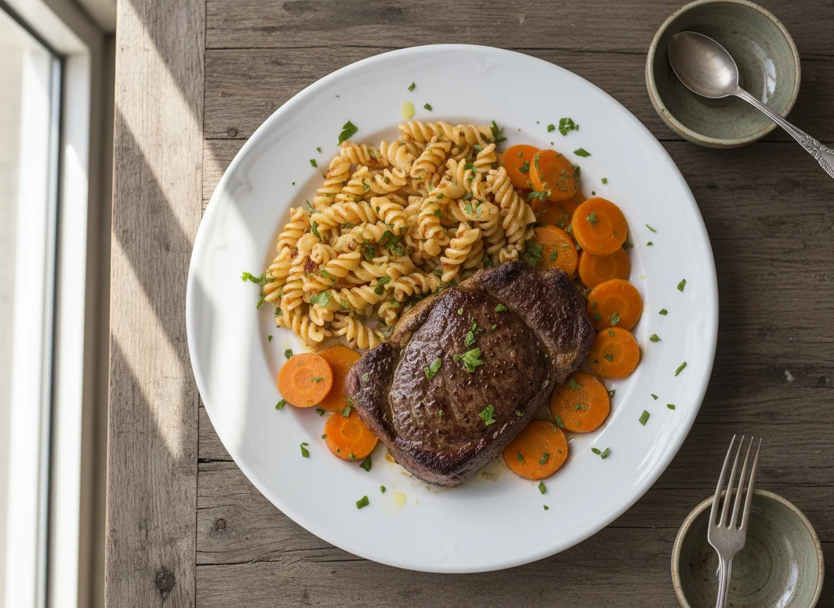Bife con pasta y calabaza photo