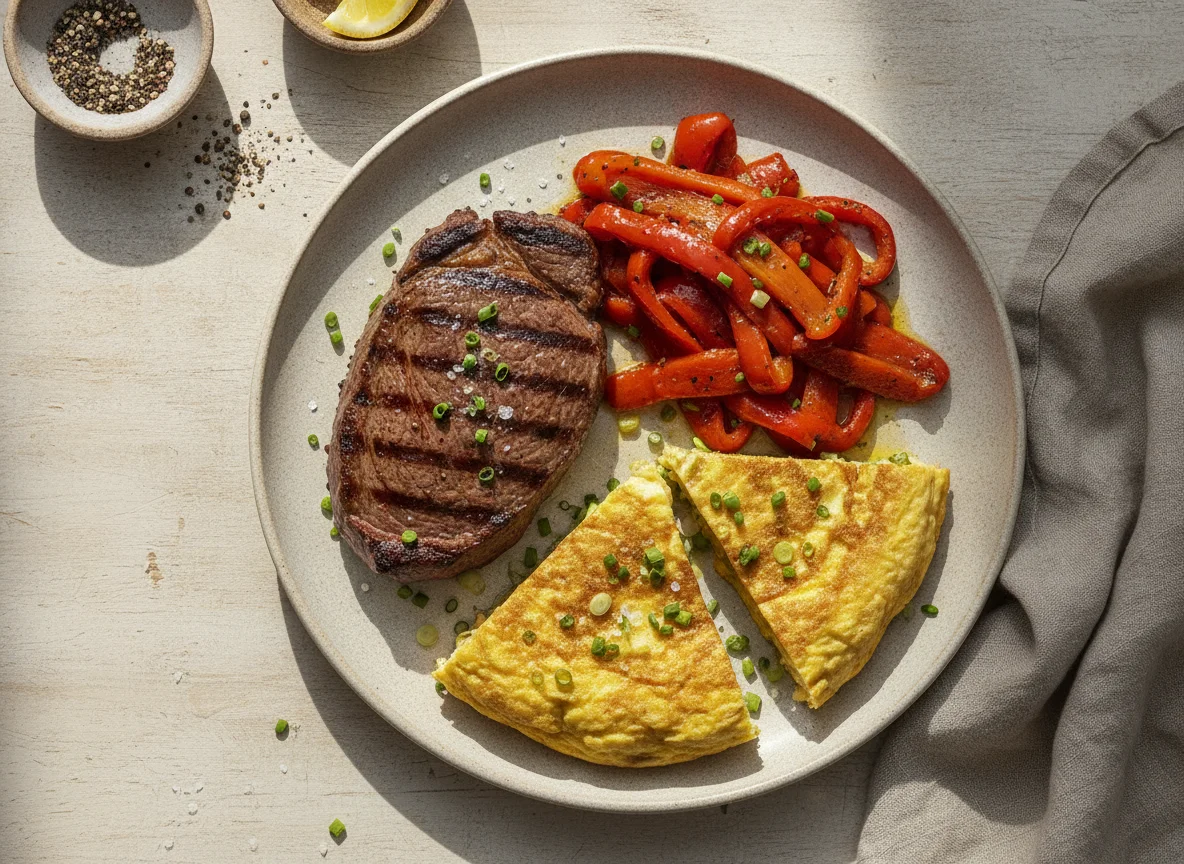 Bife con pimientos y tortilla photo