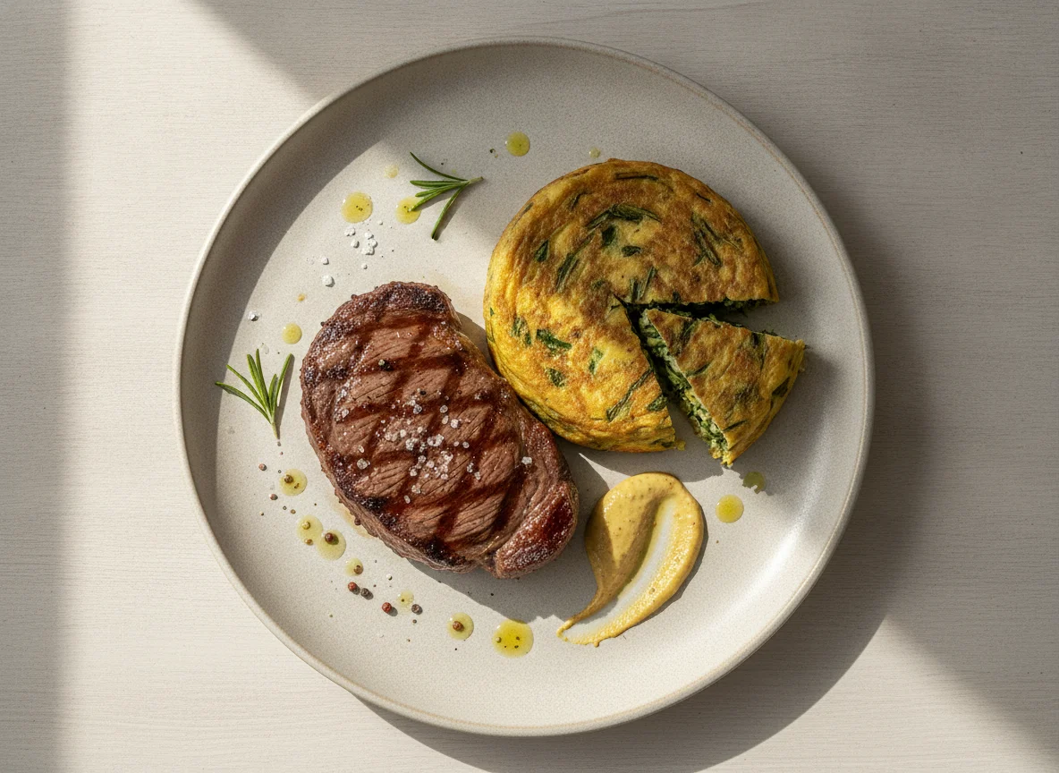 Bife con tortilla de acelga y mostaza photo