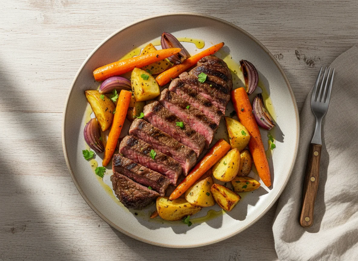 Bife con vegetales asados photo