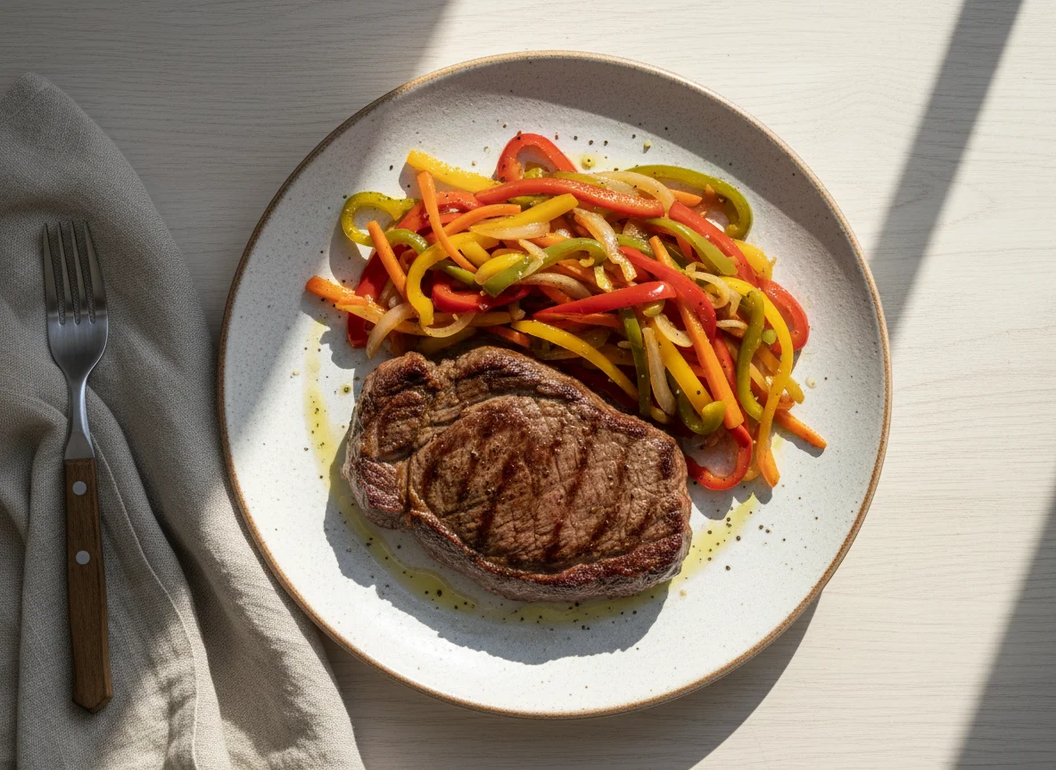 Bife con vegetales salteados photo