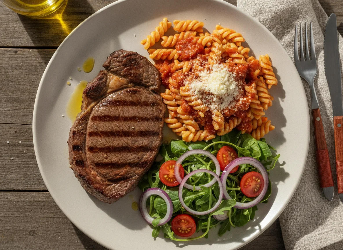 Bife de carne con pasta y ensalada mixta photo