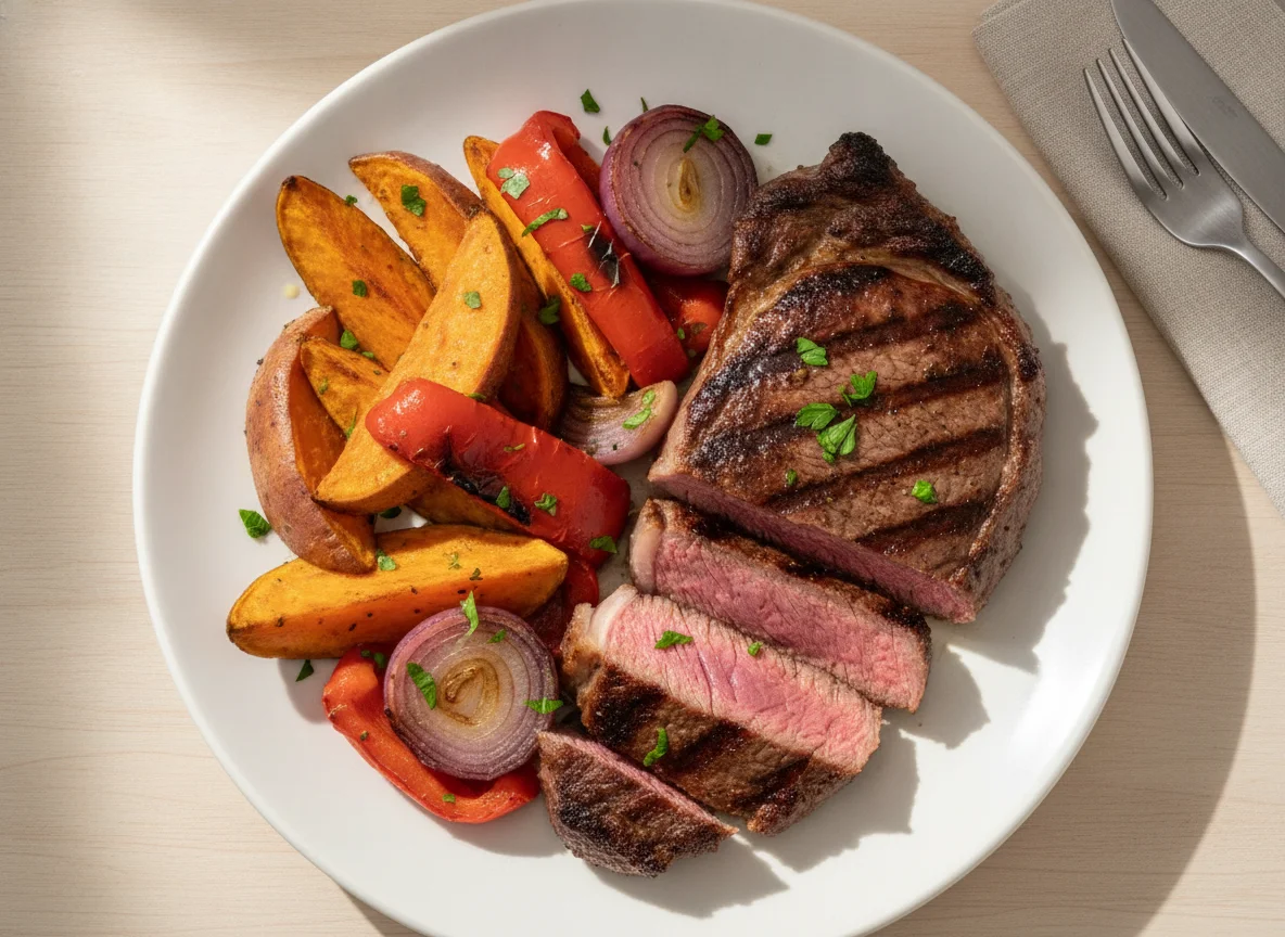 Bife de chorizo con batatas y vegetales asados photo