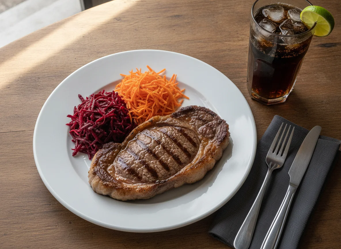 Bife de chorizo con ensalada de zanahoria y remolacha y bebida cola photo