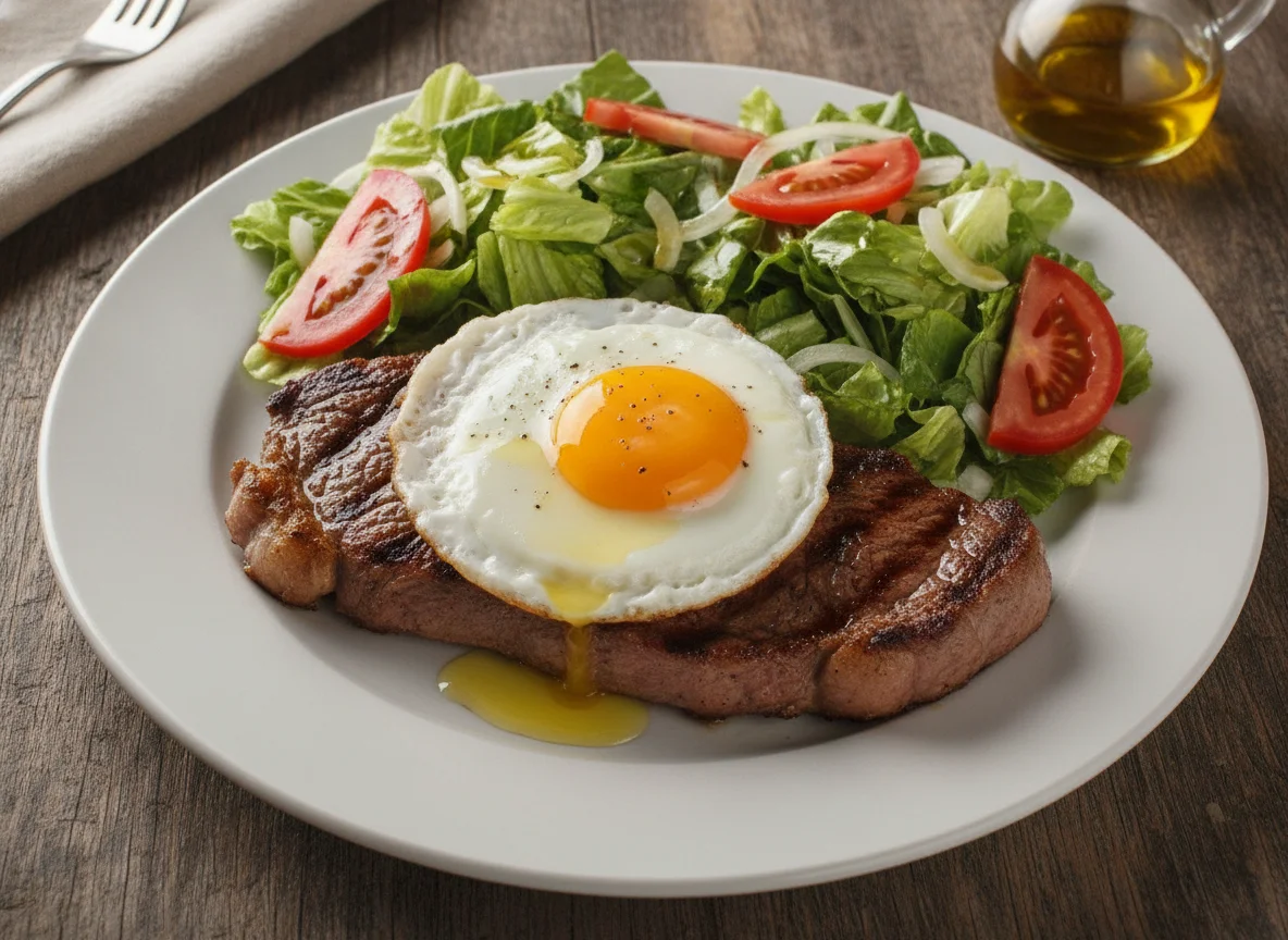 Bife de chorizo con huevo frito y ensalada mixta photo