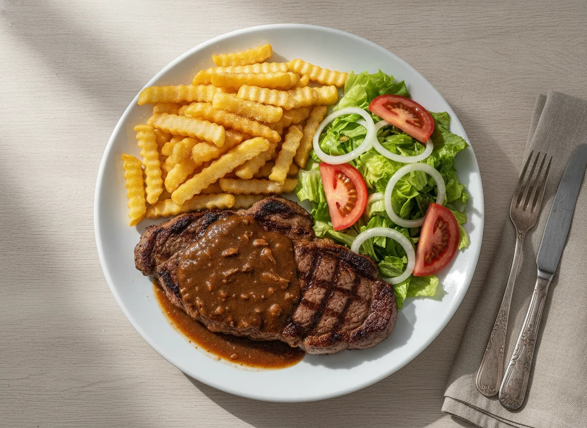 Bife de chorizo con papas fritas y ensalada mixta photo