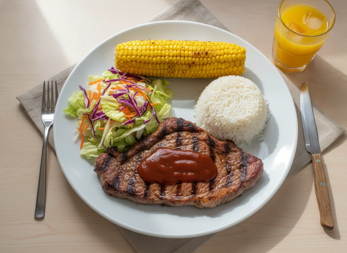 Bife de cuadril con arroz, ensalada mixta, choclo y jugo de naranja photo