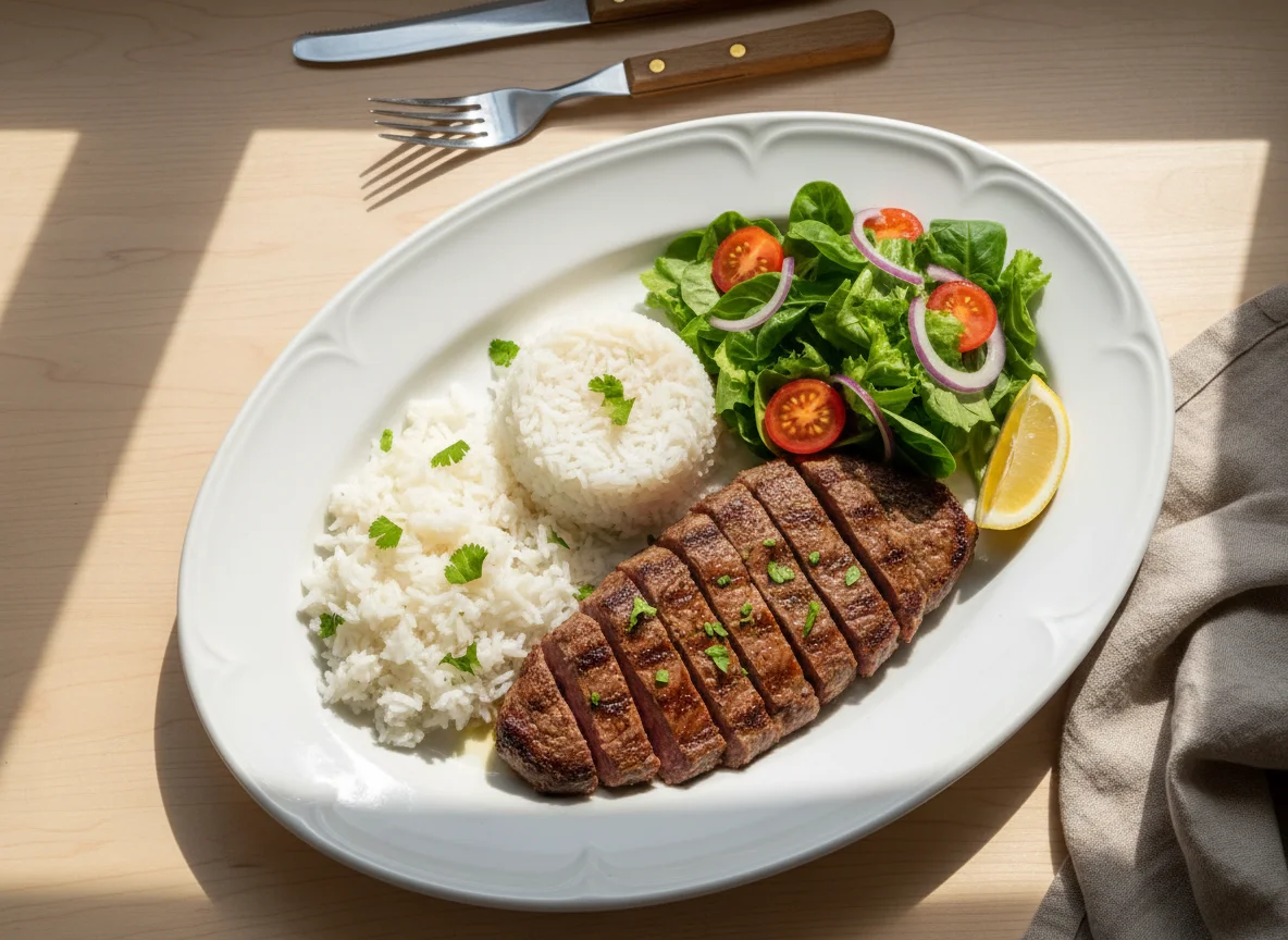 Bife de cuadril con arroz y ensalada photo