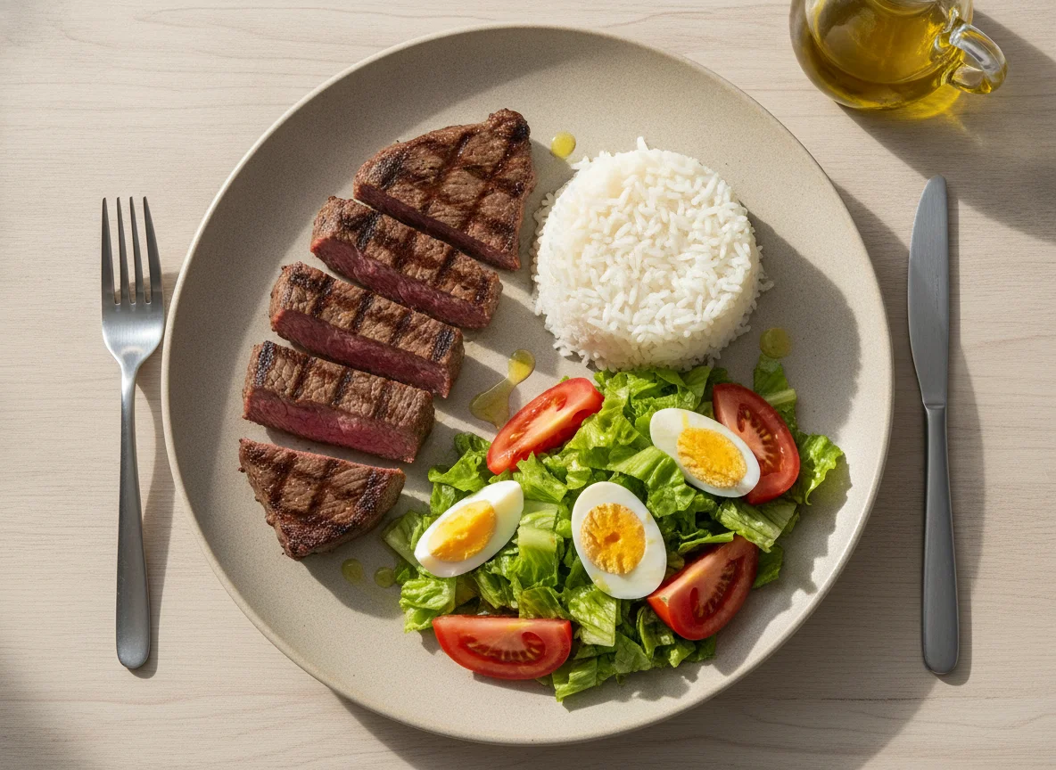 Bife de cuadril con arroz y ensalada mixta photo