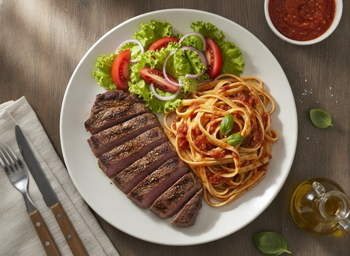 Bife de cuadril con ensalada y pasta photo
