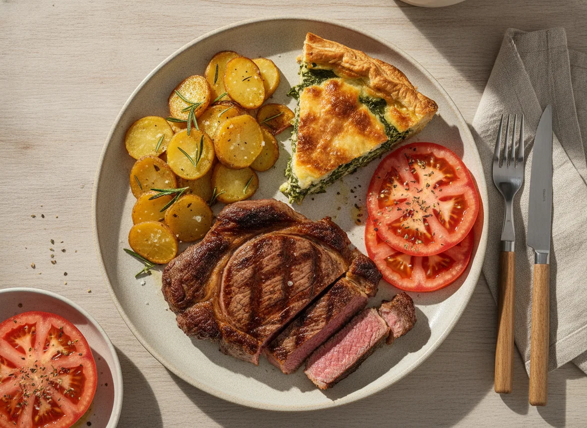 Bife de cuadril con papas, tomate y tarta de acelga photo